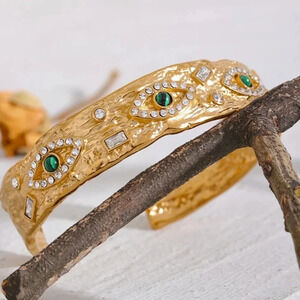 Baroque Malachite Stainless Steel Waterproof Eye Cuff Bracelet